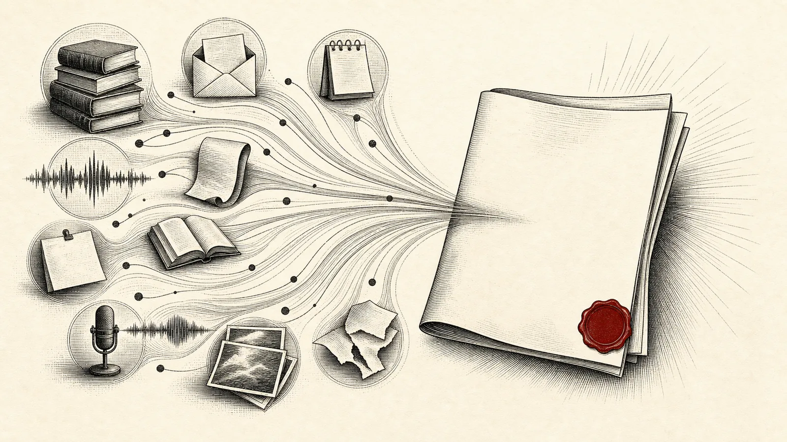 Engraving of many sources flowing into one sealed newspaper
