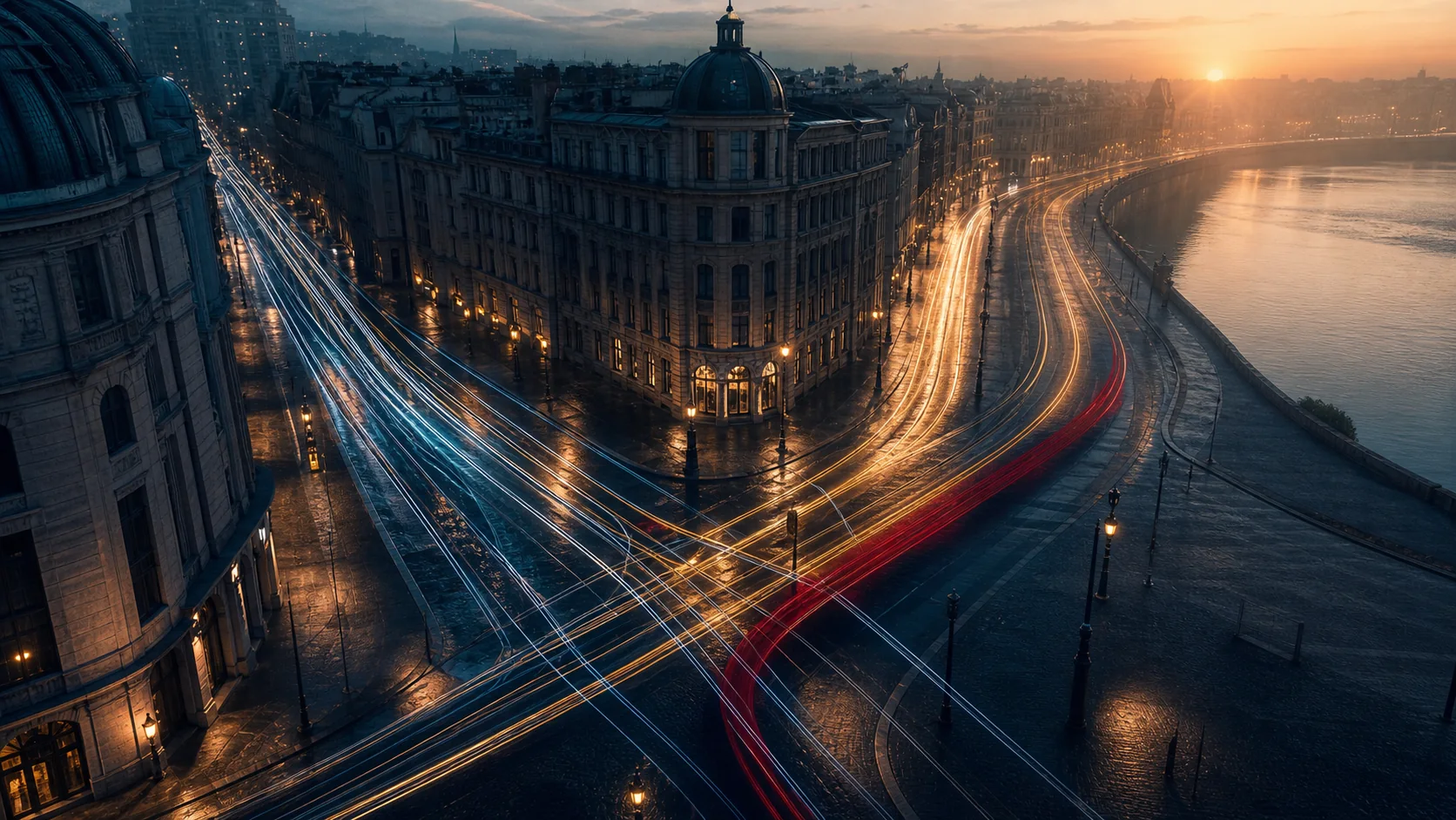 Dawn light paths converging through a quiet city